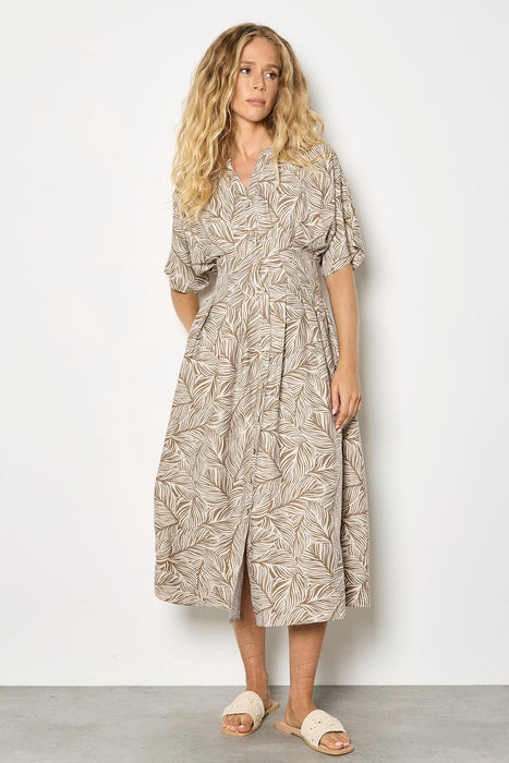 Leaf Print Midi Shirt Dress