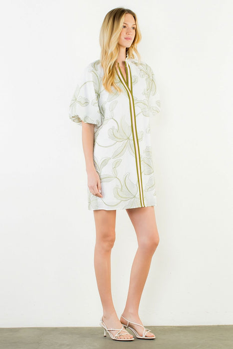 Leaf Design Puff Sleeve Dress