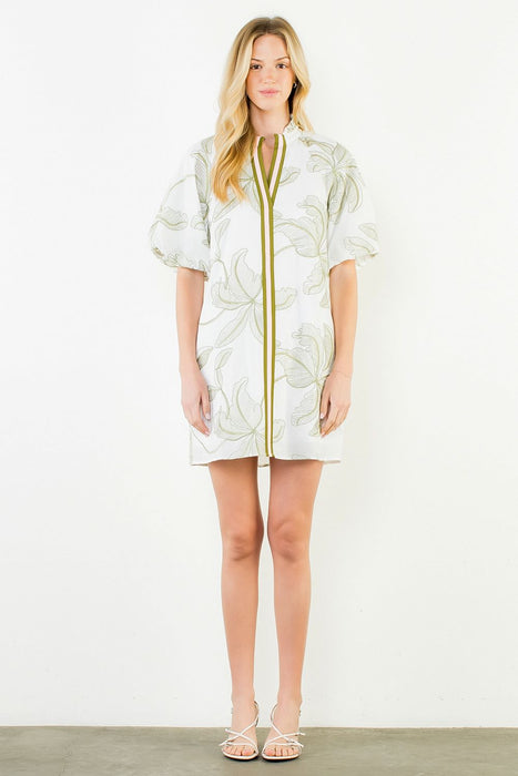 Leaf Design Puff Sleeve Dress