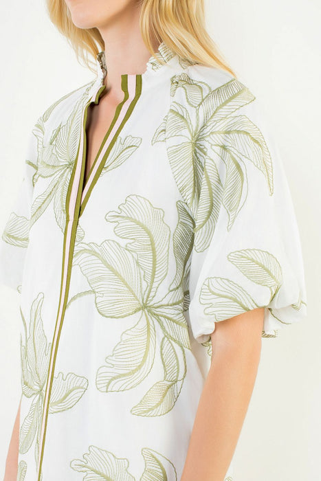 Leaf Design Puff Sleeve Dress