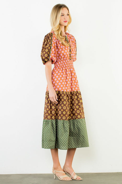 Puff Sleeve Multi Pattern Tiered Dress