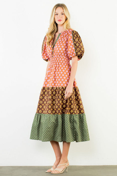 Puff Sleeve Multi Pattern Tiered Dress