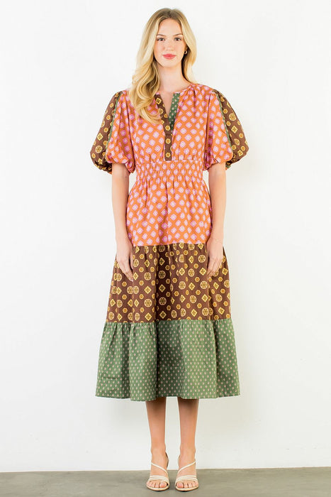 Puff Sleeve Multi Pattern Tiered Dress