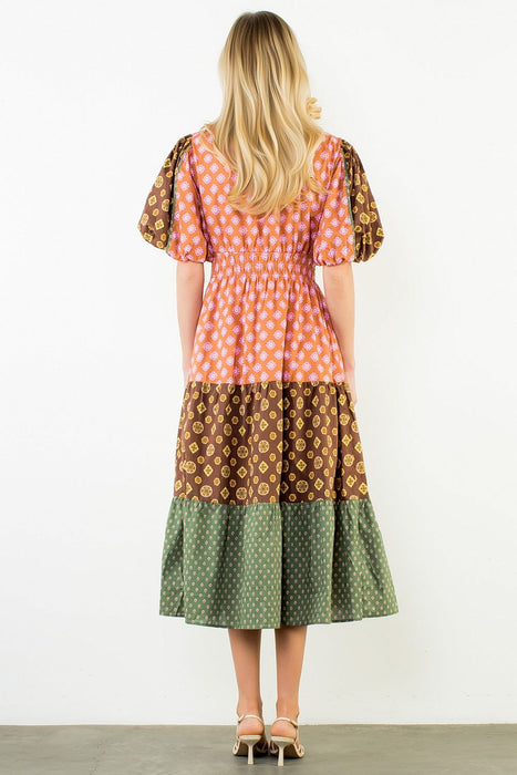 Puff Sleeve Multi Pattern Tiered Dress