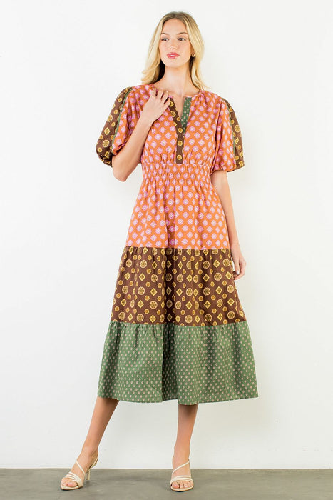Puff Sleeve Multi Pattern Tiered Dress
