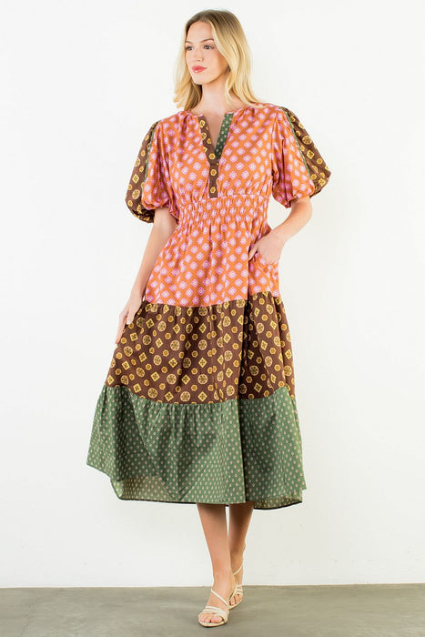 Puff Sleeve Multi Pattern Tiered Dress