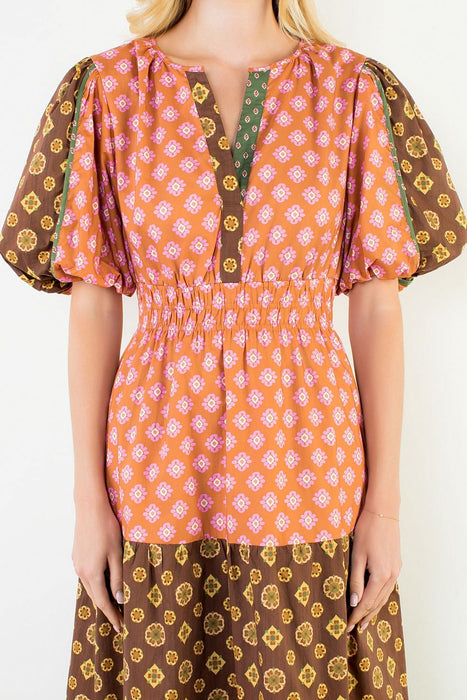 Puff Sleeve Multi Pattern Tiered Dress