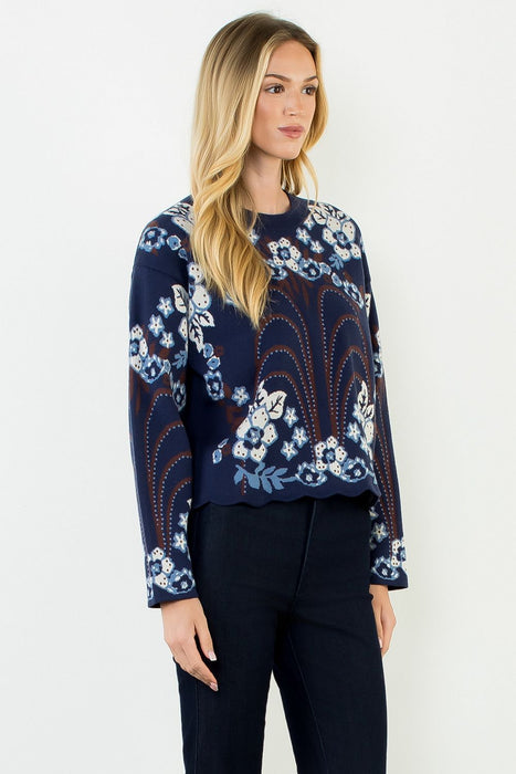 Ribbed Collar Patterned Sweater