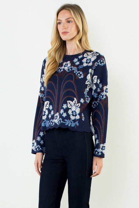 Ribbed Collar Patterned Sweater