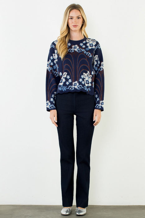 Ribbed Collar Patterned Sweater