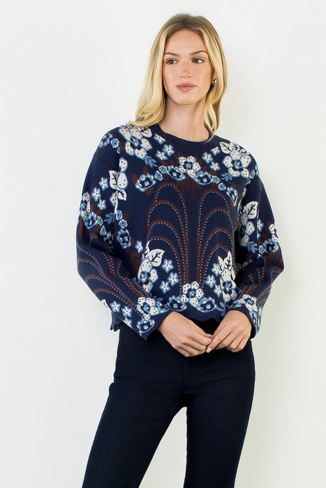Ribbed Collar Patterned Sweater
