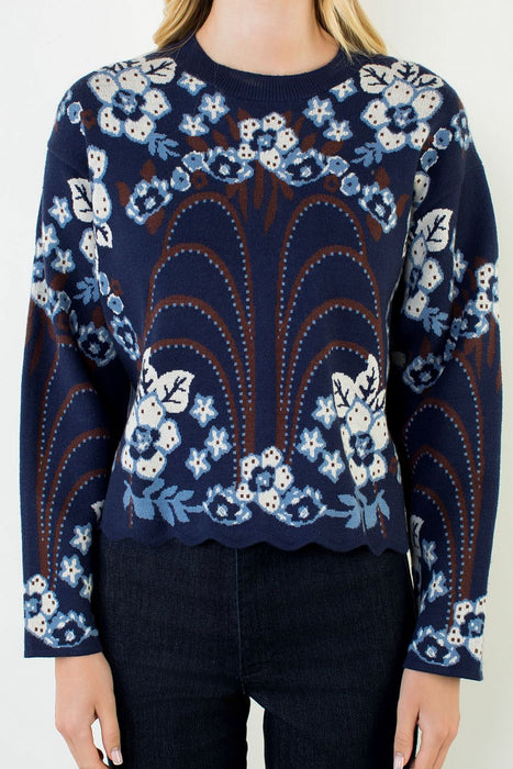 Ribbed Collar Patterned Sweater
