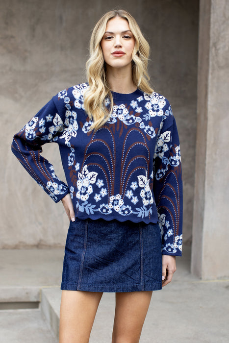 Ribbed Collar Patterned Sweater
